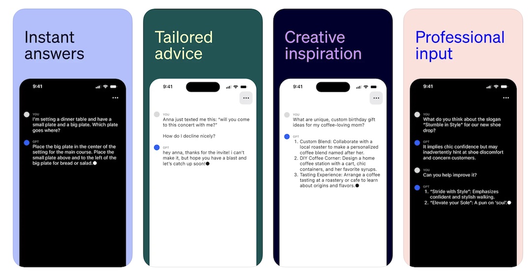 Image: Screenshots of the ChatGPT iOS app showing a user interacting with the chatbot. The app interface displays a conversation where the user asks for guidance on setting a dinner table and declining a concert invitation politely. The chatbot provides pre-written responses in lowercase text. The app allows users to access various features, including answering questions, assisting with cooking and travel plans, and teaching languages and history.